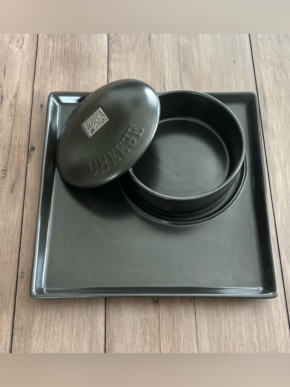Gourmet du Village Modern Matte Black Ceramic Cheese Serving Set Tray Bowl Lid